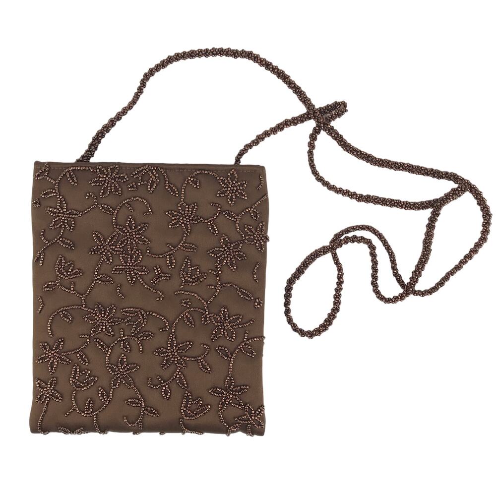 Franchi Beaded Crossbody Brown Satin Beaded Strap Inner Pocket Lined Small